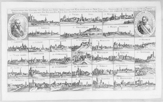 Eine Schwarz-Weiß-Zeichnung der Stadt Köln, umgeben von kleineren Bildern und Texten, die die Geschichte der Stadt erzählen.