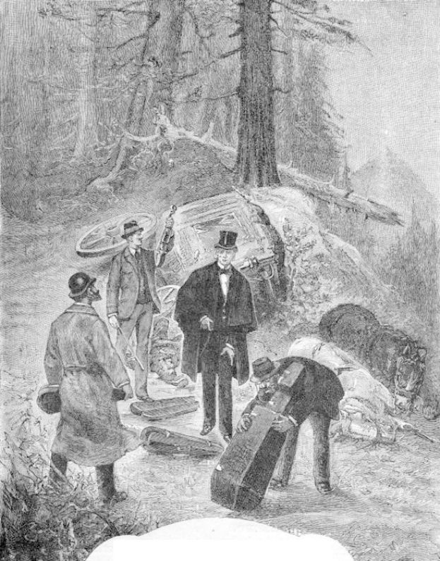 Eine Gruppe von Männern in Schwarz-Weiß-Kleidung steht um ein Auto in einem bewaldeten Gebiet, einer hält eine Waffe, mit dem Text 'Der Tod von George Washington' unten.