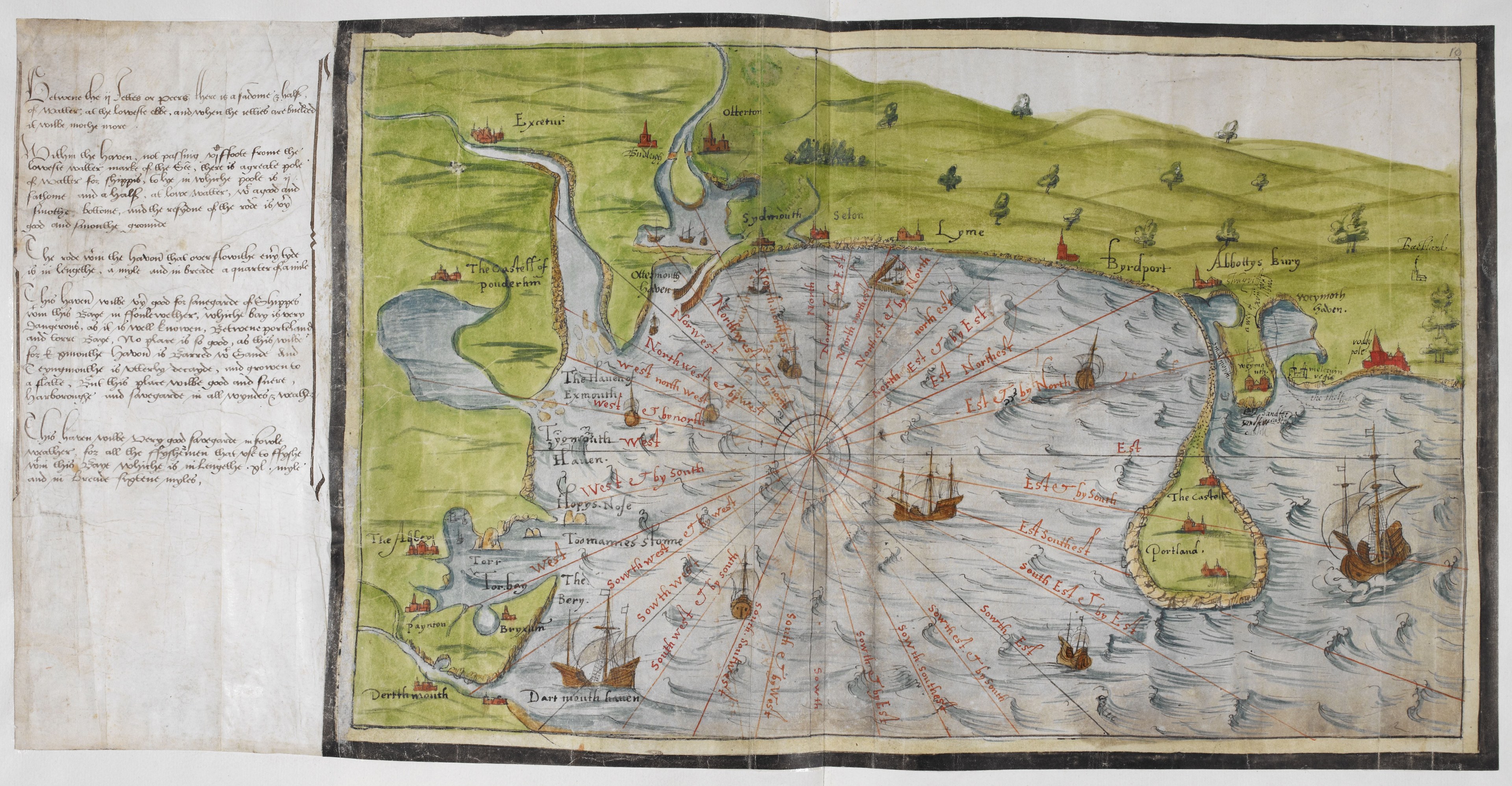 Offenes Buch mit detaillierter Stadtkarte und umliegenden Ortschaften sowie Text mit zusätzlichen Informationen zum Stadtbild.