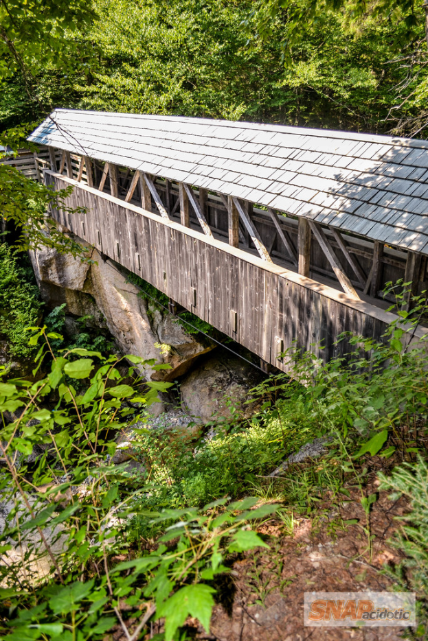 Eine Brücke mit Holzgeländer, umgeben von Bäumen, Pflanzen und Felsen, mit einem Wasserzeichen in der rechten unteren Ecke.