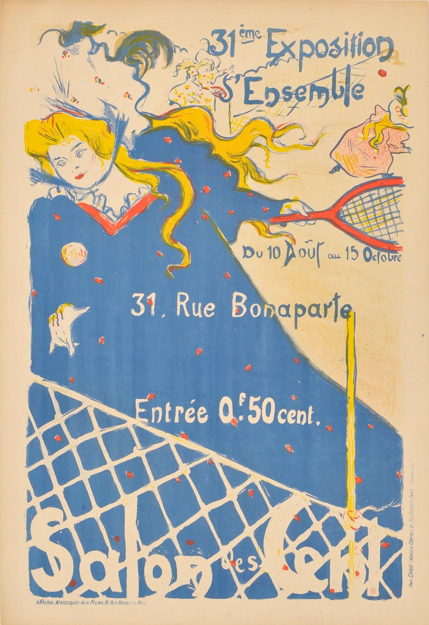 Ein Plakat für ein Tennisturnier mit einer Frau, die entschlossen einen Schläger hält, begleitet von Text, der das Ereignis beschreibt.