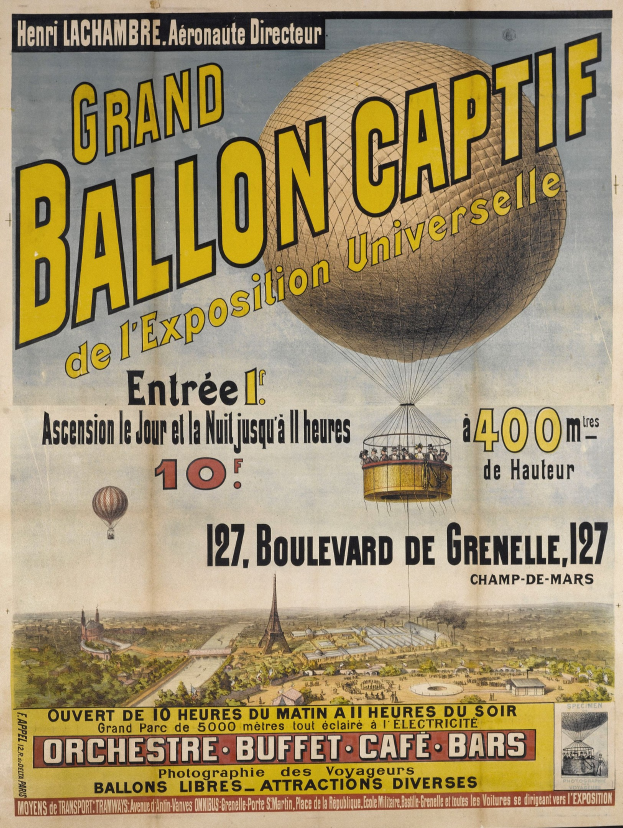 Alter Plakatwerbung für die große Ballon-Kaptiw an der universellen Ausstellung, mit heißen Luftballons, Gebäuden, Bäumen und Himmel mit Text, der Einzelheiten des Ereignisses bereitstellt.