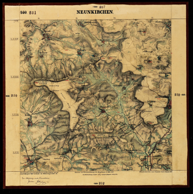Ein gerahmtes topografisches Kartenblatt der Neunkirchen-Region in Deutschland, das Berge, Flüsse und andere geografische Merkmale mit detaillierten Textanmerkungen zeigt.