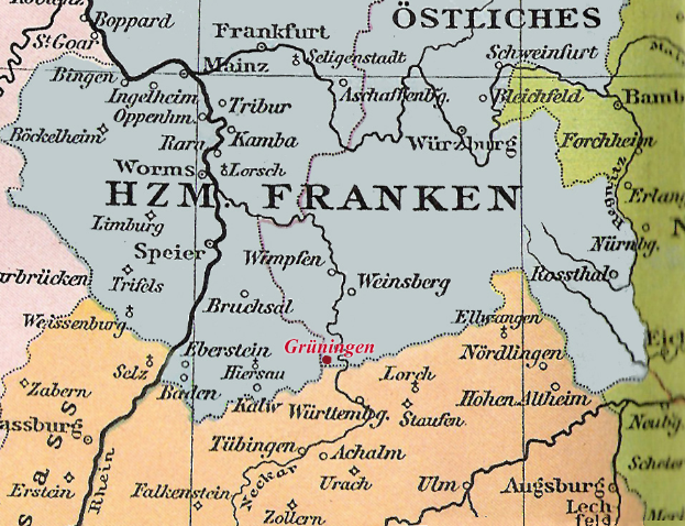 Eine Deutschlandkarte, die die Provinzen von HZM-Franken hervorhebt, mit wichtigen Städten, Flüssen und anderen geografischen Merkmalen.