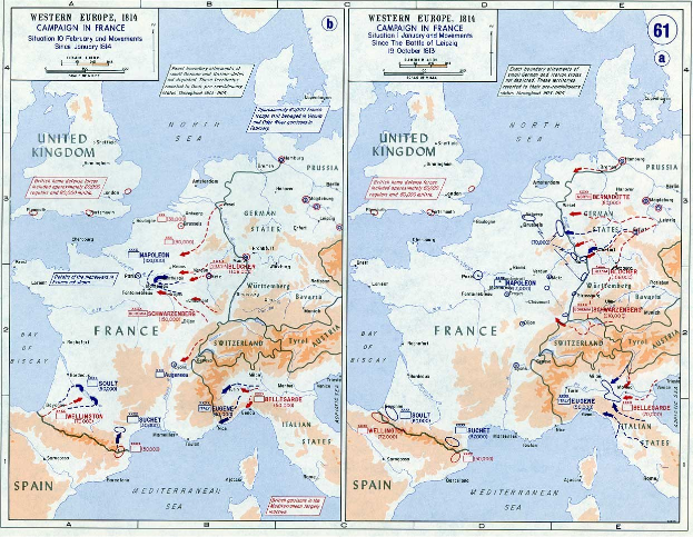 Eine historische Posterkarte von Europa während der Schlacht von Leipzig, unterteilt in Regionen mit beschrifteten Städten, Dörfern und geografischen Merkmalen, begleitet von erklärendem Text.