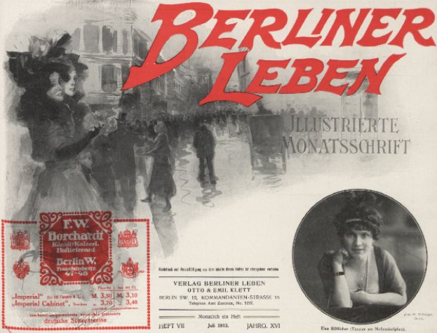 Eine Frau in einem Kleid und ein Mann in einem Anzug sind auf einem Plakat für den Film Berliner Leben zu sehen, mit Text, einem Stempel, einigen Menschen und einem Gebäude im Hintergrund.