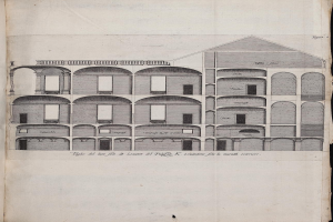 Offenes Buch mit einer mehrstufigen Gebäudeillustration und begleitendem Text, der dessen Größe, Form und Merkmale beschreibt.