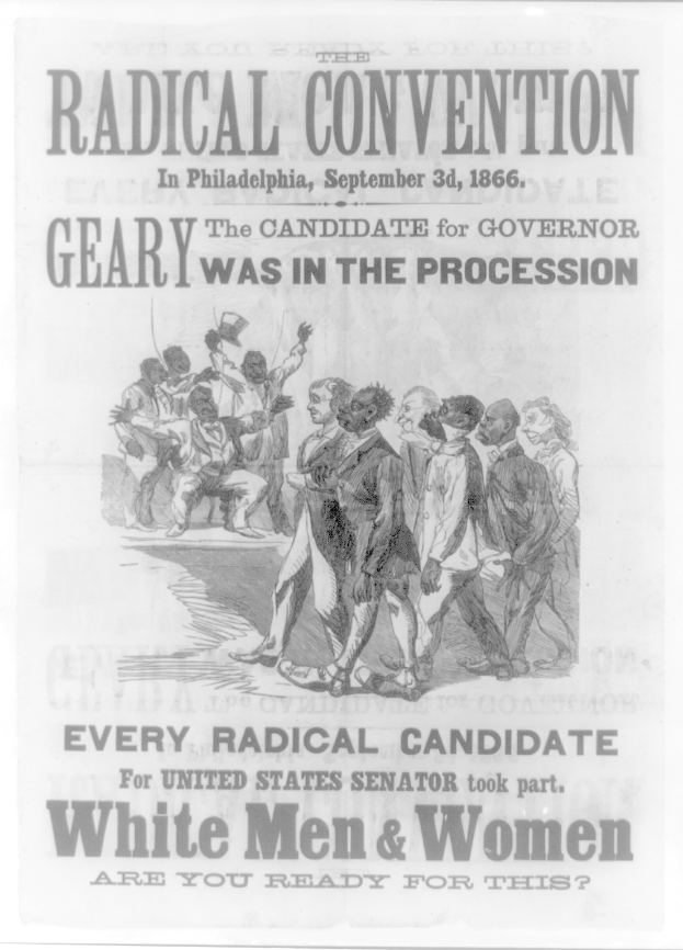 Ein Plakat für die Radikale Convention in Philadelphia, Pennsylvania am 3. September 1866, das eine Reihe von Menschen in Anzügen und Krawatten zeigt, mit 'Radikale Convention' in fetter Schrift darüber, vor einem hellgelben Hintergrund.