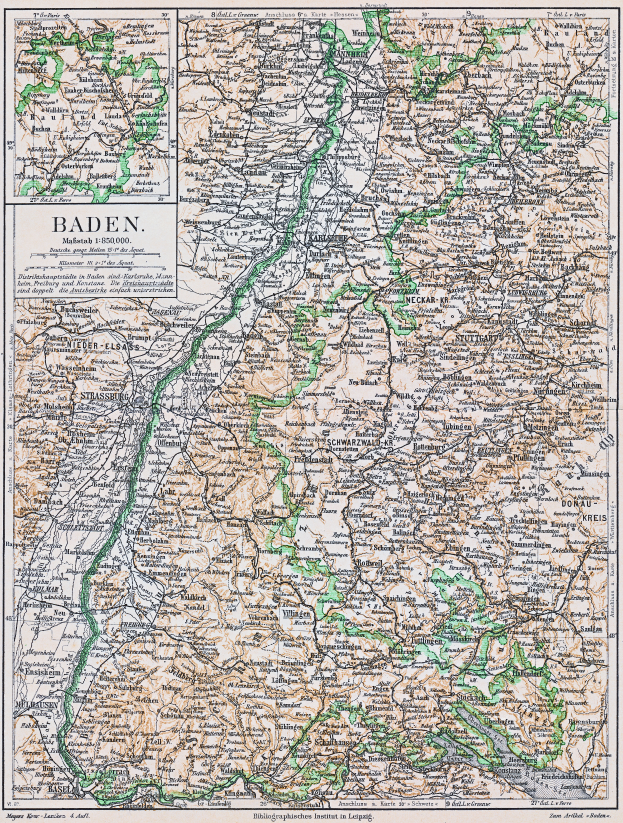 Ein altes Kartenbild von Baden-Württemberg, Deutschland, das Straßen, Städte und geografische Merkmale zeigt mit Text oben und unten.