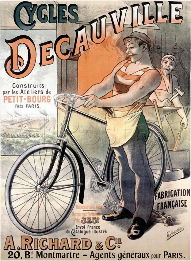Ein Plakat, das eine Fahrrad-Reparaturwerkstatt in Decauville, Frankreich, bewirbt, zeigt einen Mann neben einem Fahrrad und eine weitere Person, die ein Werkzeug hält, im Hintergrund, mit Text, der die Dienstleistungen der Werkstatt beschreibt.