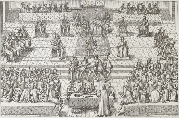 Schwarze und weiße Zeichnung eines Schachturniers mit Spielern, die um einen Tisch mit einem Schachspiel und verschiedenen Gegenständen sitzen und stehen, mit der Beschriftung "The King's Chess Tournament" unten.