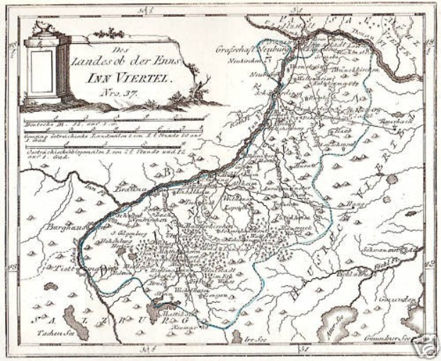 Ein detaillierter Posterplan des Rheins in Deutschland, der seinen gewundenen Verlauf durch die Region mit beschrifteten Sehenswürdigkeiten, Städten und geografischen Merkmalen zeigt, begleitet von Text und einem Bild einer Säule.