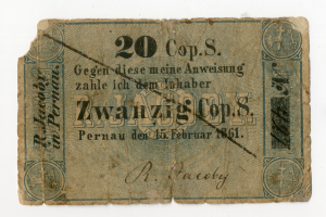 Ein alter deutscher 20-Mark-Schein von 1861 mit Text und Zahlen auf einem weißen Hintergrund.