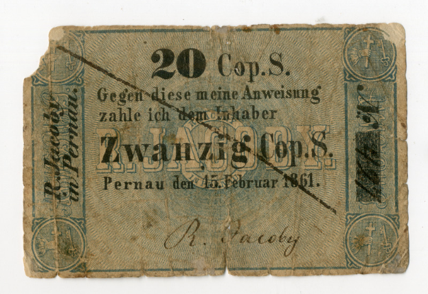 Ein alter deutscher 20-Mark-Schein von 1861 mit Text und Zahlen auf einem weißen Hintergrund.