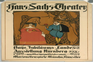Ein Plakat für das Hans-Sachs-Theater in München, Deutschland, das einen Mann im Anzug und eine Frau im Kleid zeigt, die nebeneinander vor einem tiefblauen Hintergrund mit funkelnden Sternen stehen.