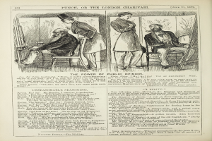 Illustration eines alten Buchumschlags mit einem Mann in einem Anzug, der in einem Stuhl sitzt und nachdenklich aussieht, und einer Frau, die neben ihm steht und nachdenklich in die Ferne blickt, mit der Aufschrift "Die Macht der öffentlichen Meinung".