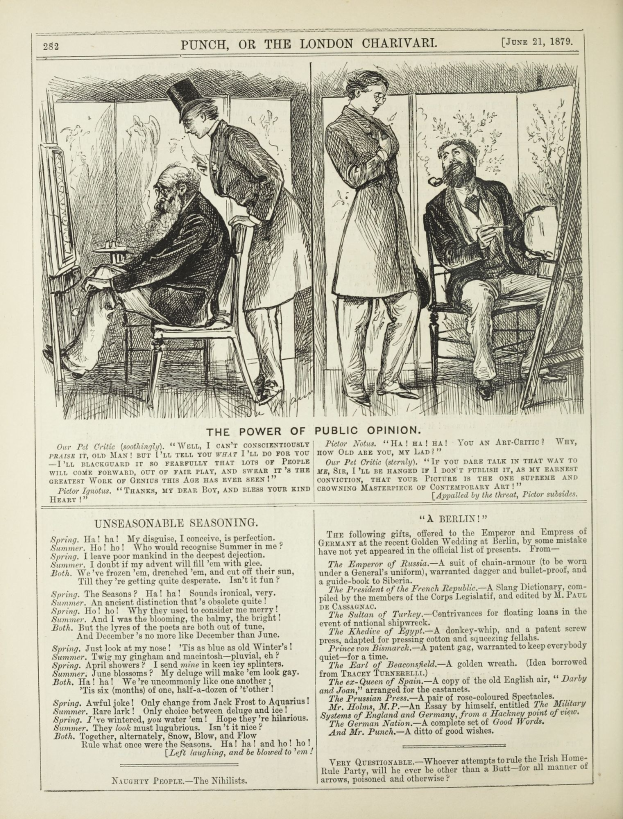 Illustration eines alten Buchumschlags mit einem Mann in einem Anzug, der in einem Stuhl sitzt und nachdenklich aussieht, und einer Frau, die neben ihm steht und nachdenklich in die Ferne blickt, mit der Aufschrift "Die Macht der öffentlichen Meinung".