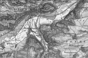 Eine Schwarz-Weiß-Topographische Karte von Tübingen, die detaillierte Bereichsansichten mit Textannotationen zeigt.