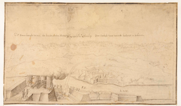 Ein detailliertes Bild einer belagerten Stadt mit einer Burg im Hintergrund auf einem Blatt Papier mit beschreibendem Text über die Belagerung von Düsseldorf.