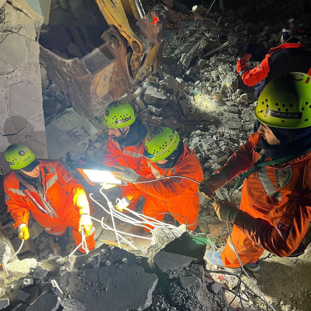 Gruppe von Menschen in orangefarbenen Uniformen und grünen Helmen bei der Arbeit an Schutt mit einem Kran im Hintergrund während eines Einsatzes nach einem Einsturz.