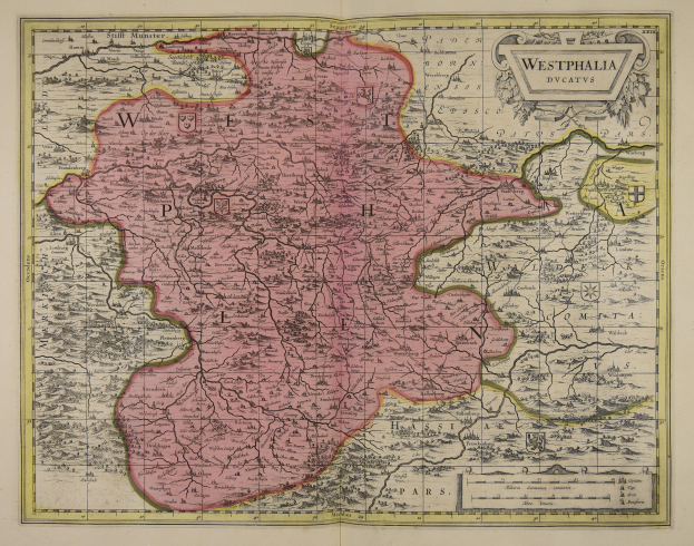 Eine alte Karte von Westfalen, Deutschland, mit den Provinzen des Königreichs England und Wales deutlich sichtbar, auf Papier gedruckt mit detailliertem Text über die Region.