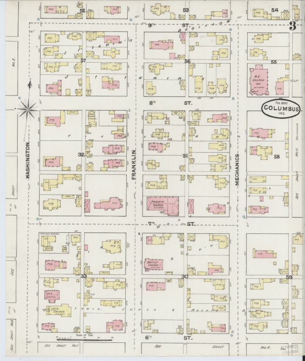 Ausführliche alte Karte von Columbus, Ohio, mit Straßen, Parks, Sehenswürdigkeiten und beschrifteten Gebäuden.