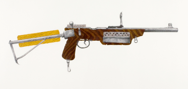 Eine Waffe ist vor einem einfarbigen Hintergrund zu sehen.