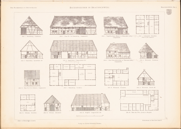 Ein altes Buch, das auf einer Seite mit detaillierten Plänen und Beschreibungen verschiedener einzigartig gestalteter Häuser aufgeschlagen ist.