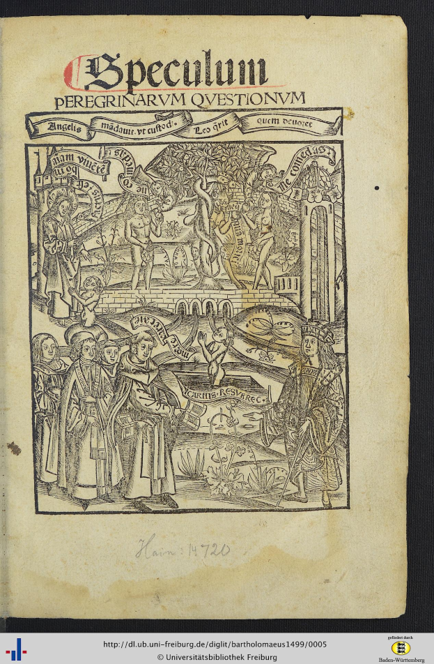 Ein aufgeschlagenes Buch mit dem Titel "Speculum Peregrinarvm Questionum", wahrscheinlich aus dem 14. Jahrhundert, zeigt eine Zeichnung von Menschen in traditioneller Kleidung, die sich unterhalten, wobei einige gestikulieren, vor einem hellblauen Hintergrund.