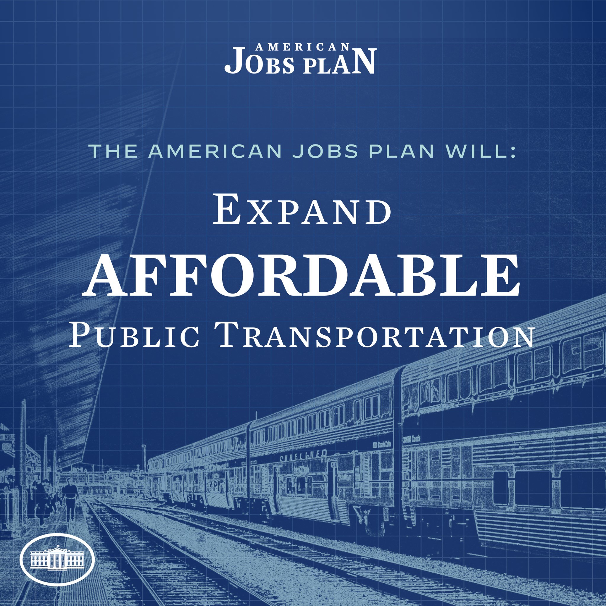 Plakat mit einem Zug auf einer Bahnstrecke mit einigen Menschen in der Nähe und dem Text "The American Jobs Plan Will Expand Affordable Public Transportation."