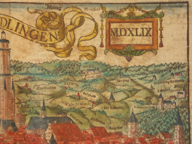 Ein alter Stadtplan von Dlingen, Deutschland, mit detaillierten Illustrationen von Gebäuden, grünen Bäumen und dekorativem Text, der die Stadt und die umliegende Landschaft zeigt.