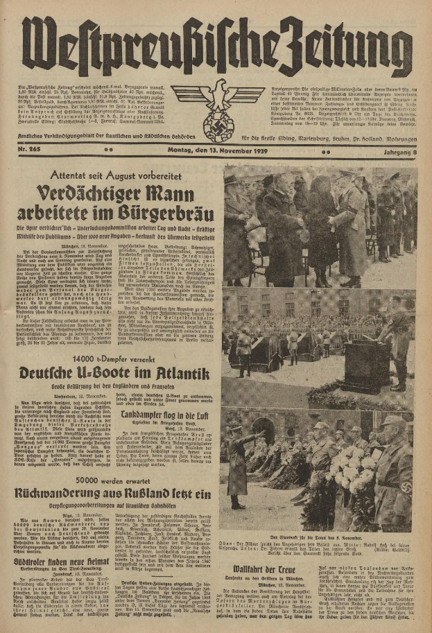 Schwarze und weiße Titelseite einer deutschen Zeitung vom 13. November 1939 mit der Schlagzeile "Weitpreubliche Zeitung" und einem Foto von Menschen in traditioneller deutscher Tracht in einer feierlichen Atmosphäre.