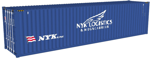 Blauer Seecontainer mit "NYK Logistics & Megacarrier"-Text und Flagge auf weißem Hintergrund.