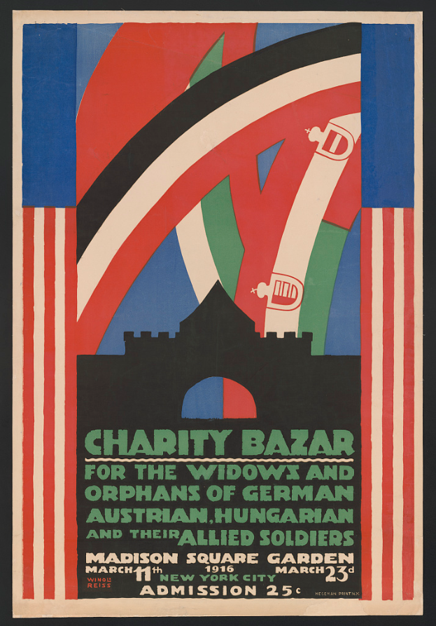 Ein Plakat für einen Charity Basar zugunsten der Witwen und Waisen von Soldaten verschiedener Nationen, mit Textdetails zum Ereignis.