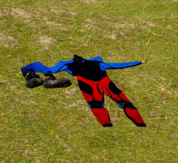 Ein blaues, schwarzes und rotes Kleid und ein Paar schwarze Schuhe auf dem Gras.