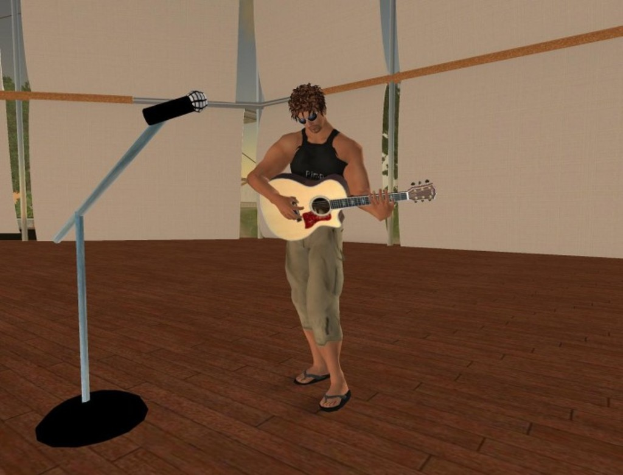 Ein Cartoon-Mann steht und spielt eine Gitarre vor einem Mikrofon auf einem Ständer.