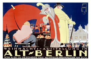 Plakat für eine Weihnachtsausstellung in Alt-Berlin mit einer bunten Illustration von Menschen, Gebäuden und Gegenständen mit der Überschrift "Weihnachtsausstellung in Alt-Berlin" oben.