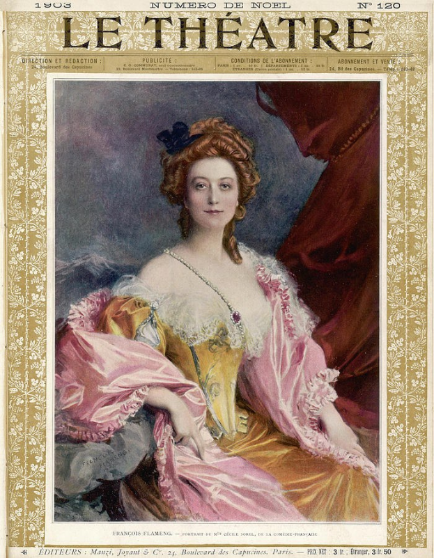 Titelbild einer Zeitschrift namens 'Le Théâtre', das eine Frau in einem rosafarbenen Kleid mit zurückgebundenem Haar zeigt, die direkt in die Kamera schaut.