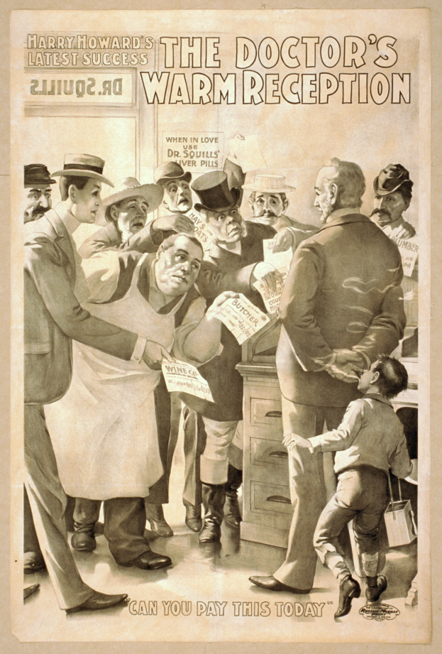 Ein Plakat, das eine Gruppe von Menschen zeigt, einige halten Papiere, und ein Kind vor einem Tisch mit Schubladen, mit der Aufschrift "Die warme Begrüssung des Arztes - Können Sie das heute bezahlen?"