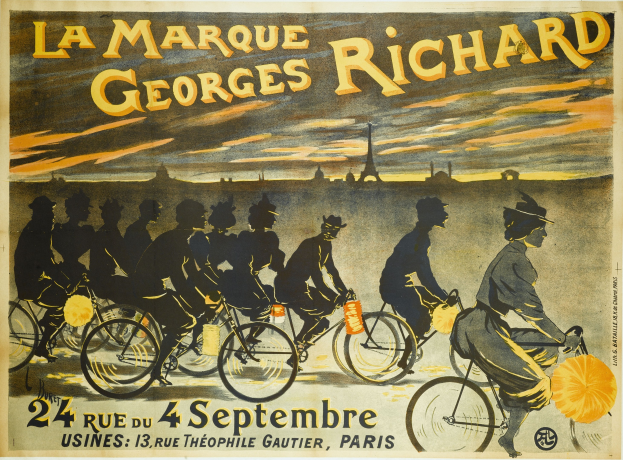 Plakat für ein Fahrradrennen in Paris, Frankreich, mit einer Gruppe von Radfahrern und dem Eiffelturm im Hintergrund, mit Text zu den Eventdetails.