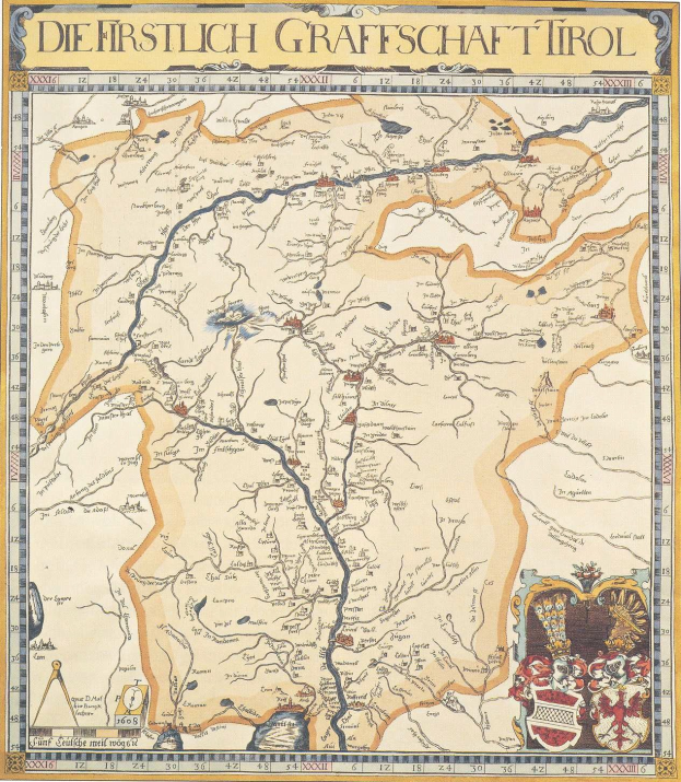 Detailreiches historisches Plakat der ersten Grafschaft Tirol-Karte, das geografische Merkmale wie Flüsse, Berge und Städte zeigt und von Text über die Region und ihre Bewohner begleitet wird.