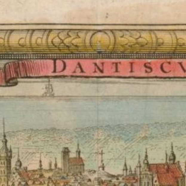 Ein altes Buch mit einer illustrierten Stadtansicht, die Geb├Ąude und ein Banner mit beschreibendem Text zeigt.