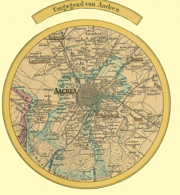 Eine kreisförmige Karte von Aachen, Deutschland, die Straßen und Sehenswürdigkeiten zeigt, mit Text oben und unten.