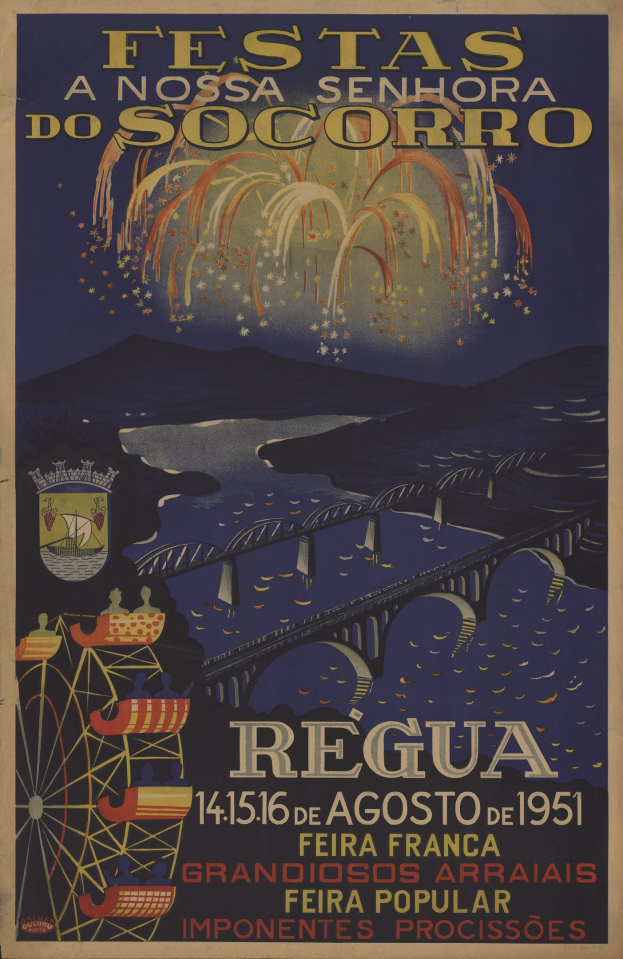 Buntes Plakat für ein brasilianisches Festival mit einer Brücke, Wasser, Hügeln und Feuerwerk, mit Text zu den Veranstaltungseinzelheiten.