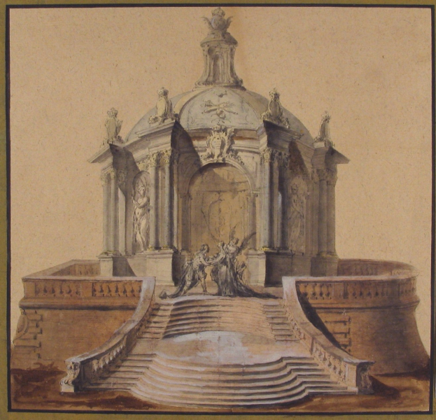 Ein gerahmtes Bild einer Brunnenfigur mit einer Statue darauf, umgeben von Treppen und kleineren Skulpturen im klassischen Stil.