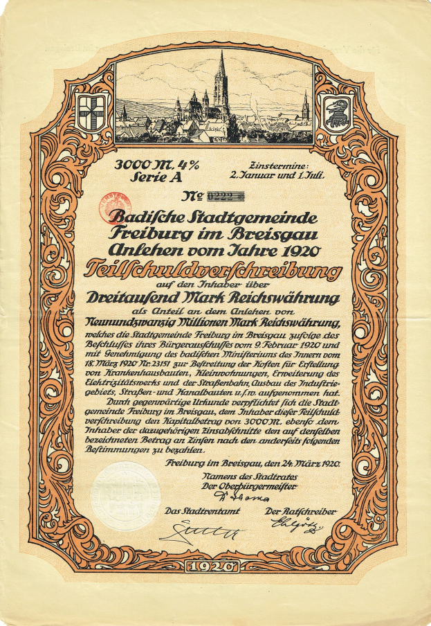 Altes deutsches Wertpapier mit Stadtansicht und gedrucktem Text.