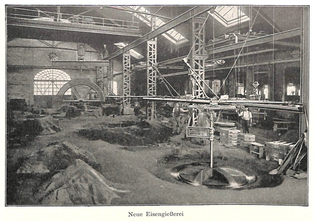Ein altes Schwarz-Weiß-Foto einer Fabrik mit Arbeitern an einer Maschine, umgeben von Metallstangen und Pfählen, mit Text unten: "Neue Eisenglebeerei, die erste Fabrik Deutschlands."
