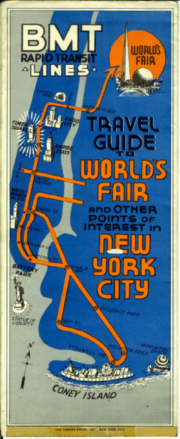 Plakat mit einer Karte der Weltausstellung in New York City, auf dem Informationen über die Ausstellung und ihre Attraktionen angegeben sind.