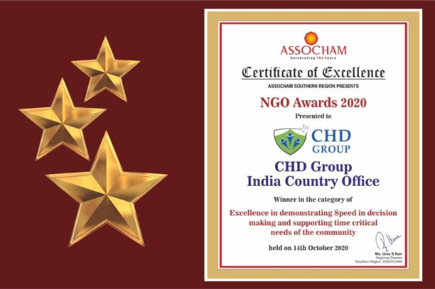 Auszeichnung für die NGO Awards 2020 an die CHD Group India Country Office verliehen, mit einem Schild-Logo mit einem zentralen Stern und einem Lorbeerkranz.
