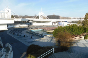 Luftaufnahme des Olympischen Stadions mit umgebender Vegetation, städtischen Elementen und wolkenbedecktem Himmel.